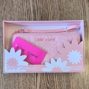 Betsey Johnson Pink Peach Embroidered Floral Wallet Wristlet New in Box w/Tags
